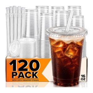 120 Pack 16 oz Plastic Cups with Lids and Straws