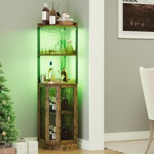 Corner Bar Cabinet with Power Outlet and LED Strip