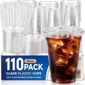 110 Pack 16 oz Disposable Clear Plastic Cups with Lids and Straws