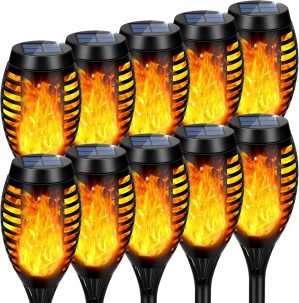 Upgraded 10 Pack Solar Torch Lights Outdoor Flickering Flame