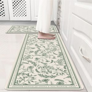 Green Line Art Herb Leaves Kitchen Rug