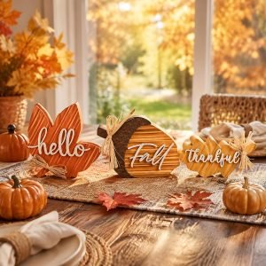 3Pcs Wooden Fall Decor with Maple Leaf Oak Leaf 