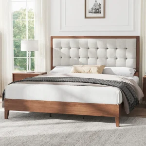 Behka Queen Solid Wood Platform Bed with Tufted Headboard