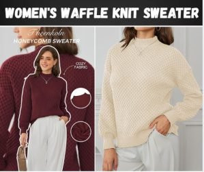 Women’s Waffle Knit Mock Neck Long Sleeve Chunky Sweater