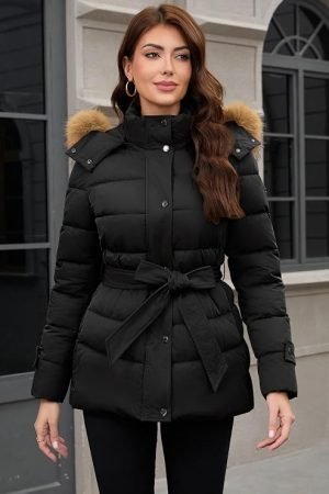 Women’s Belted Puffer Coat with Faux Fur Collar