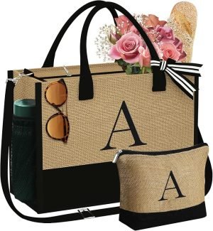 Initial Jute Tote Bag & Makeup Bag