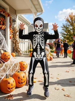 Kids Glow-in-the-Dark Skeleton Costume with Hood Mask