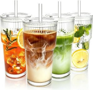 4PCS 20oz Glass Cups with Lids and Straws