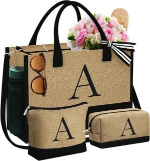 Personalized Initial Jute Tote Bag & 2 Makeup Bags
