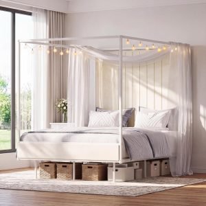 Canopy Bed Frame with LED & Charging Station