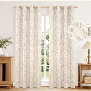 Beige Leaf Pattern Linen Curtains